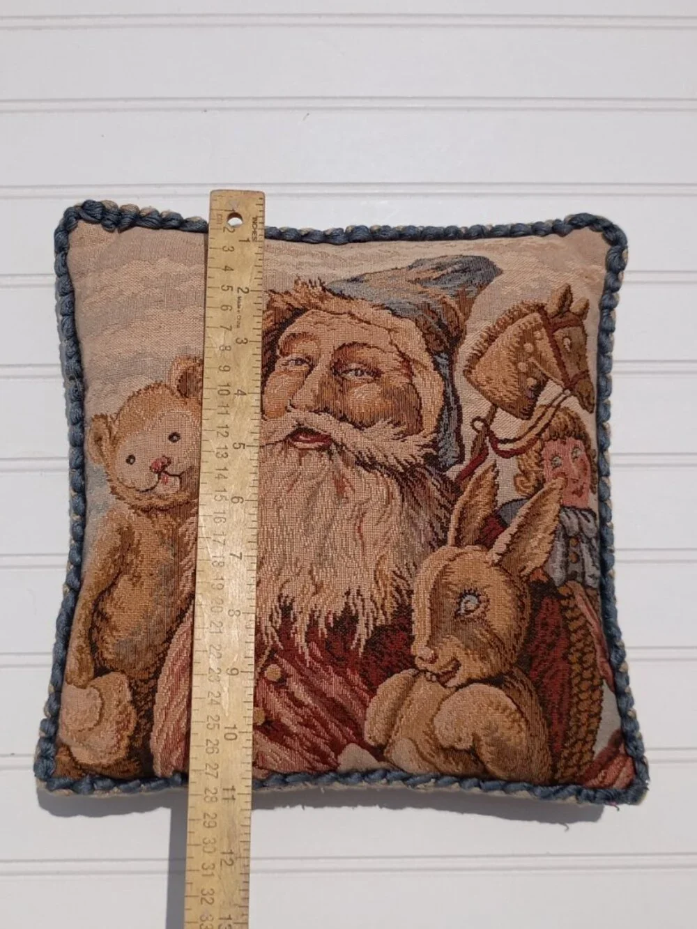 Vintage Tapestry Throw Pillow Santa Claus Old World Christmas Decor Folk Art Vtg